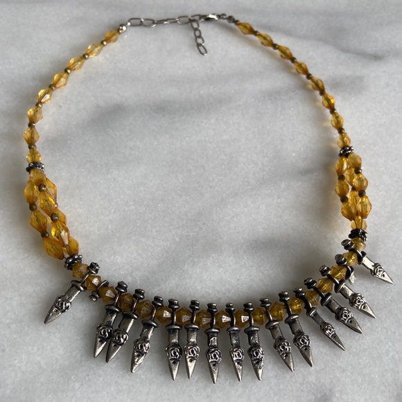 VINTAGE • Bohemian Vamp Spiked Beaded Necklace Hippie Savage Yellow Silver Tone - Picture 3 of 8